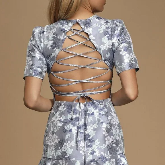 NWT Lulus Royal To Be Light Blue Floral Jacquard Ruffled Skater Dress - Picture 4 of 9